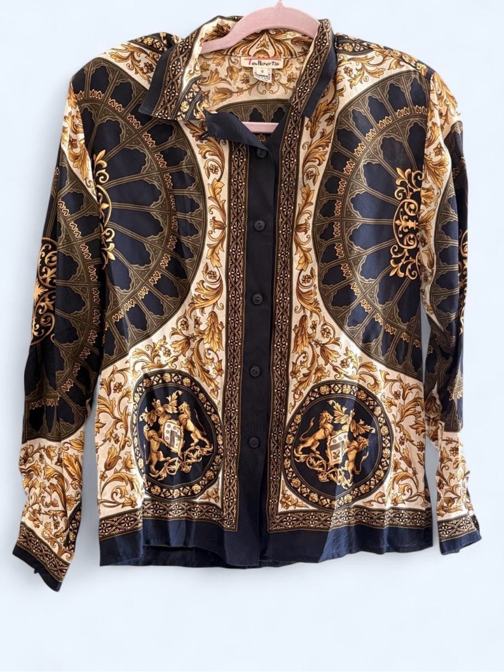 Talbots 100% Silk Blouse Size 6 Black Gold Baroque Print Button-Down Shirt